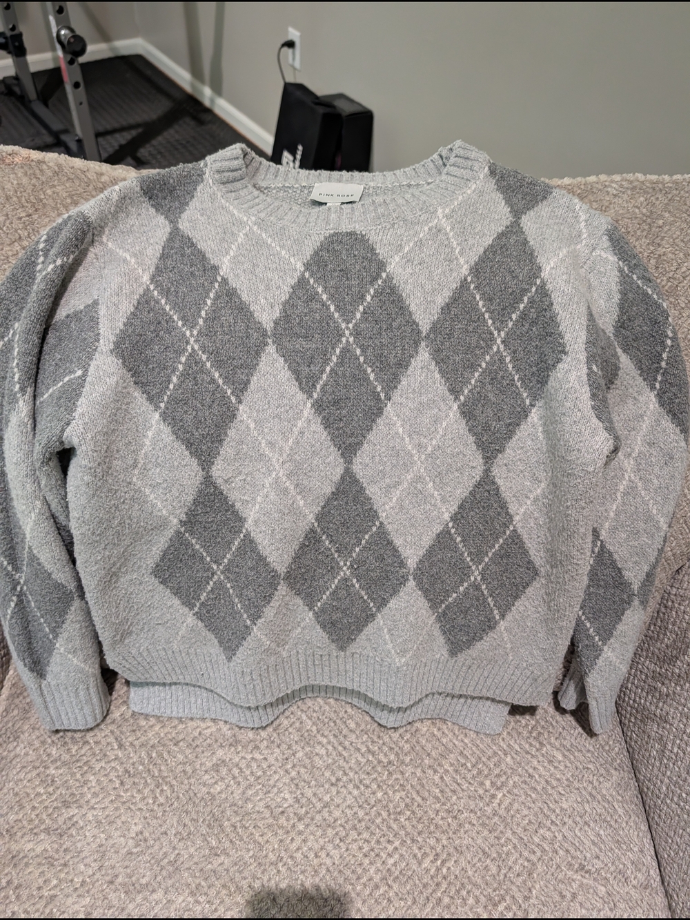 Pink Rose Gray Argyle Crewneck Sweater
